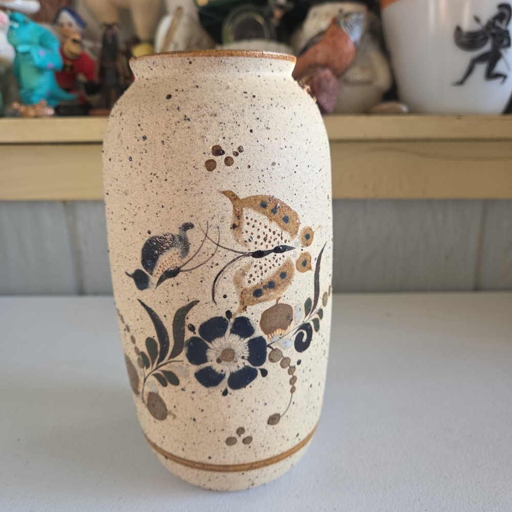 Mexican Pottery Vase Sand Textured Hand Painted Butterfly Floral Speckled Art